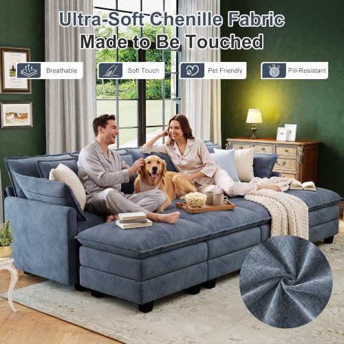 Image of 107 inch Cloud Couch Sectional Modular Sofa, Deep Seat Couches with Ottoman and Removable Washable Pillows for Living Room, Bedroom, Apartment, Blue