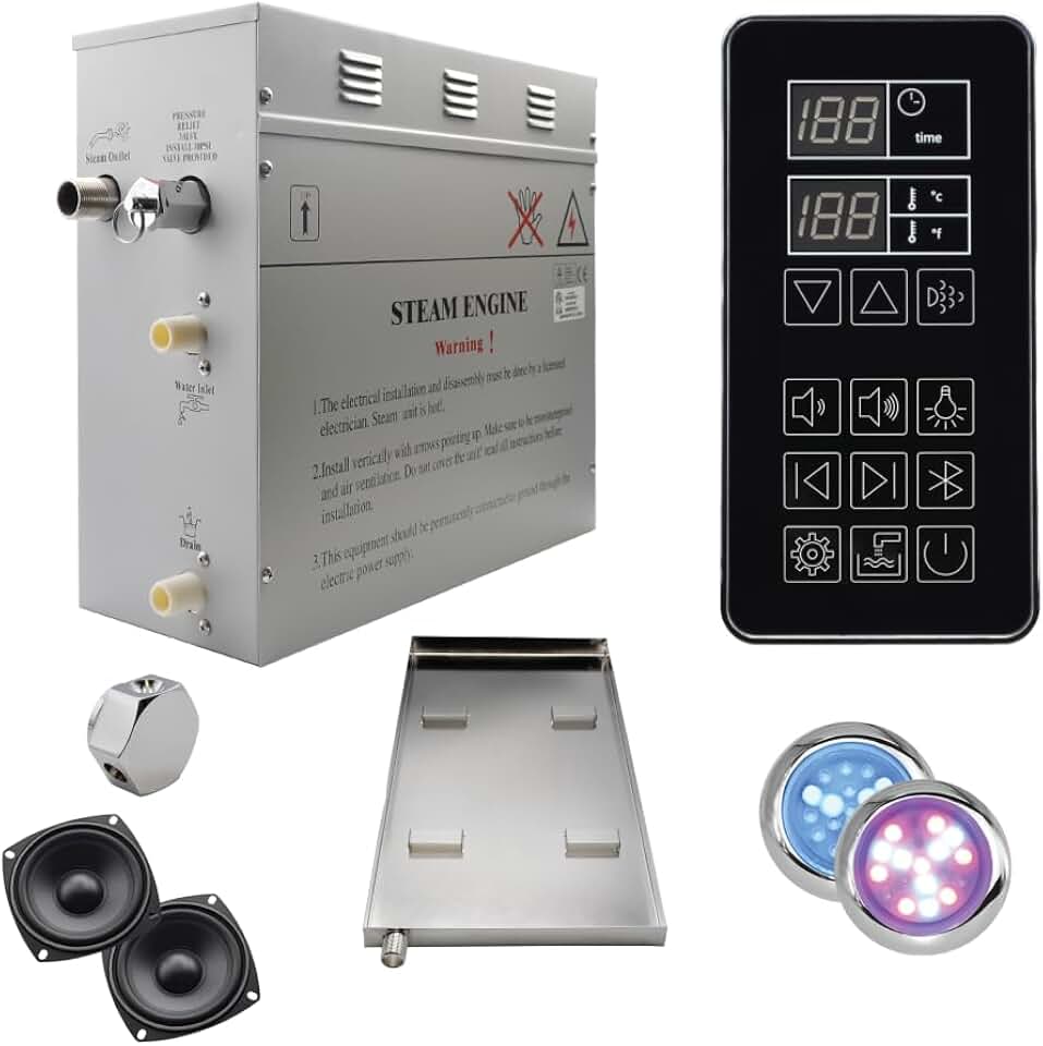 Superior SteamPoint Plus 24 kW Steam Generator Kit with Horizontal Black Keypad, Drip Pan, Colored Lights| Self-Draining Steam Bath Generator | One-click Connection Cord | Aromatherapy Steam Outlet |