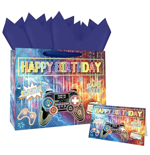 MUNILAIL Bolsa de regalo grande de 13 pulgadas para niños, bolsa de regalo de videojuegos con asa, papel de seda y tarjeta de felicitación para fiesta de cumpleaños temática de juegos, bolsa de regalo