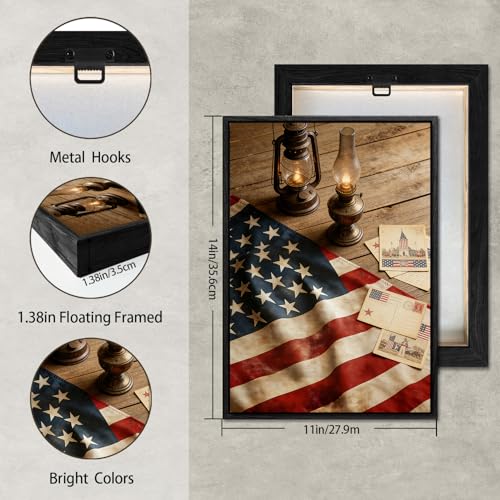 Image of American Flag Framed Canvas Wall Art, 4th of July Red White Blue Canvas Prints, USA Flag with Picture Patriotic Decorations, Modern Independence Day Wall Decor for Bedroom Living Room Office 11x14