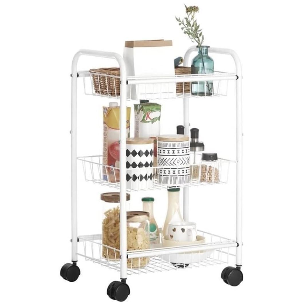 Carrito de cocina de metal rodante de 3 niveles, estante blanco para el hogar, oficina y despensa, organizador multiusos, diseño que ahorra espacio, exhibición de frutas y aperitivos