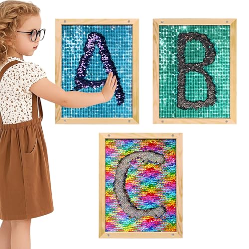 Image of 3 Pcs Flip Sequin Fabric Wood Frame Wall Panel, Sensory Toy Reversible Sequin Flip Fabric Mat with Wood Frame, Interactive Sensory Board for Play & Learning, Wall Hangings Decoration,
