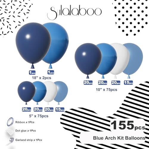 Image of Blue Balloons Arch Kit 155Pcs Navy Light Blue White 18 10 5 Inch | Metallic Blue White Different Sizes Latex Balloon Garland for Birthday Anniversary Fathers Day Party Decorations