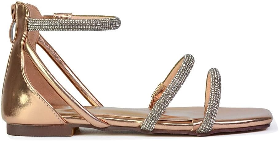 ESSEX GLAM Womens Gladiator Diamante Strappy Sandals Ladies Ankle Strap Summer Holiday Flat Shoes Size 3-8