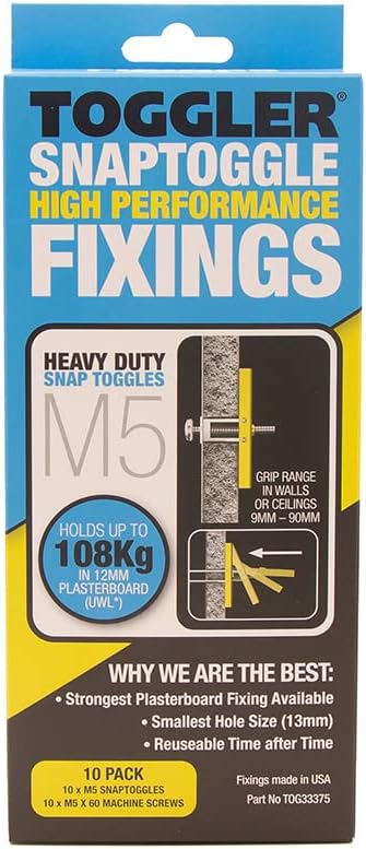 TOGGLERSnapToggle M5 plasterboard fixings/Anchors – Pack of 10 c/w Machine Screws.