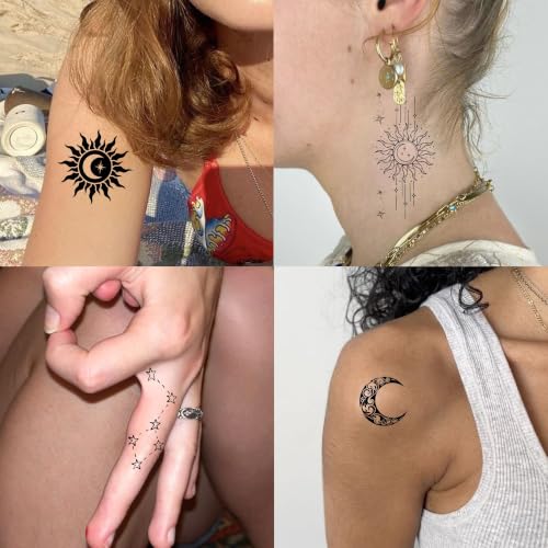 Image of Bilizar 20 Sheets Chic Crescent Moon Temporary Tattoos For Women Adults Finger Hand Neck Ear Tattoo Sticker, Realistic Black Floral Crescent Pendant Fake Jewelry Tattoos Long Lasting Waterproof Tatoos
