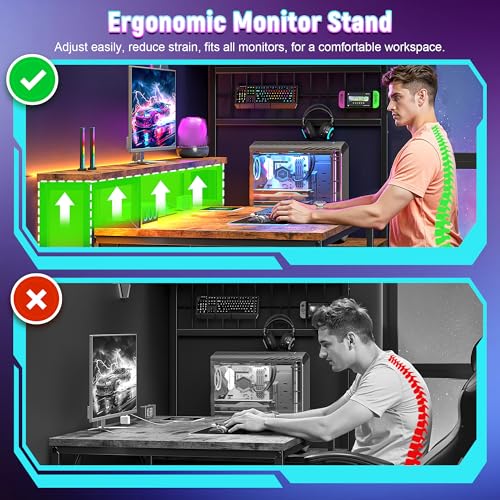 Image of DurayLoly 55 inch Computer Desk with LED Lights & Outlets,Office Desk with Drawers & Monitor Stand,Gaming Desk with 3 Storage Shelves, Hooks& Printer Space for Game&Study Room,Home Office,Bedroom,Brown