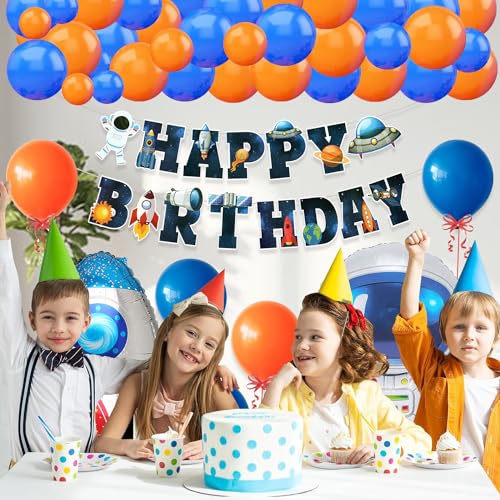 Image of Rozi Decoration Happy Birthday Decoration Items Space Theme for Boys, Girls, Kids Birthday Decorations, Astronaut Balloons Birthday Decoration, Rocket s Pack of 46 Pcs,blue,orange Latex, Foil, Paper