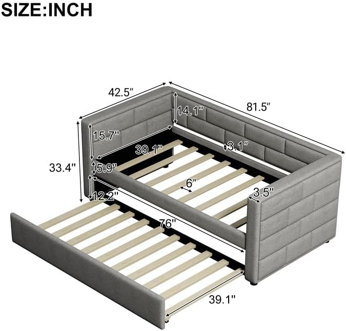Twin Size Daybed with Trundle, Upholstered Sofa Bed Frame with with Padded Back, Armrests and Wood Slat Support, Twin Bed Frame for Guest Room, Bedroom,Living Room, Gray