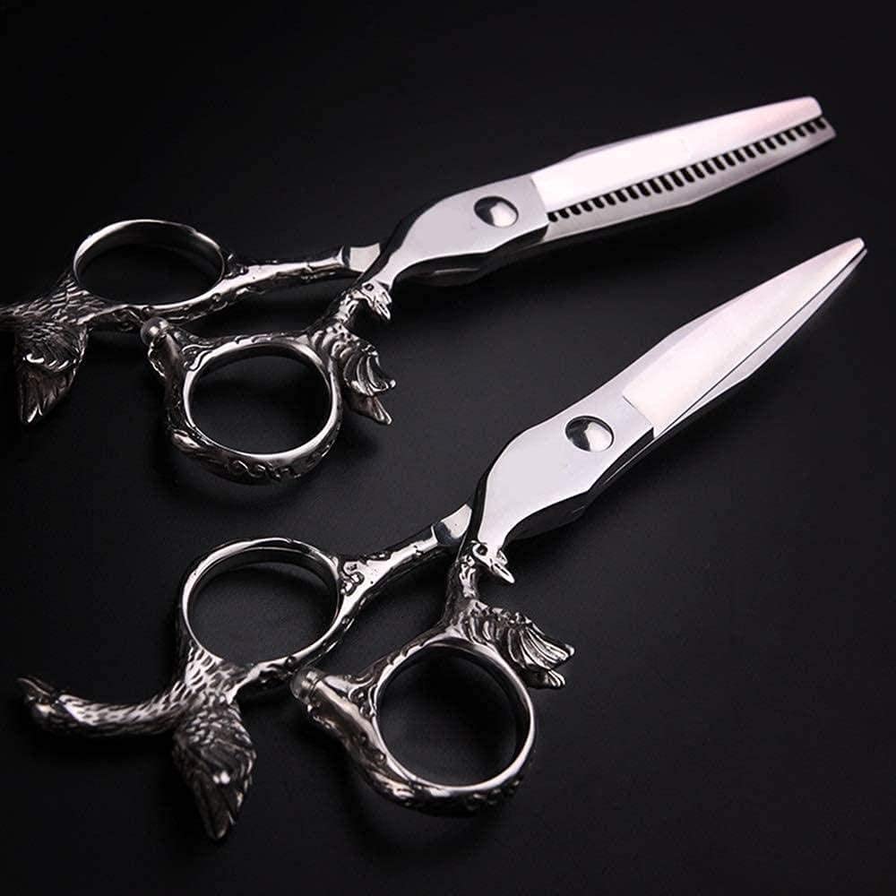 CrEev Friseurschere,Friseurschere Flach + Zahnschere Set Professionelle 440C Friseur 6.0 Friseurschere-Silber