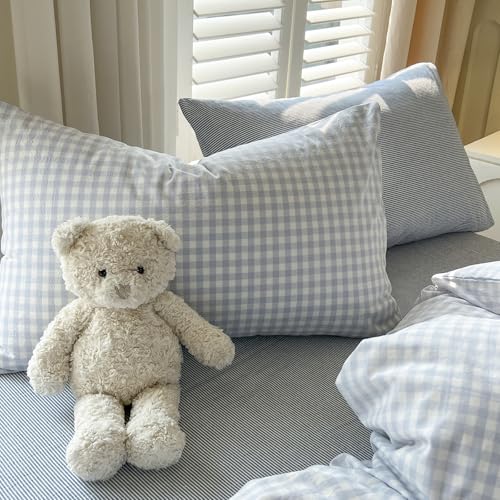 mixinni Light Blue Gingham Comforter Set King - 3 Piece Plaid Bedding Set, All-Season Soft Washed Cotton, Farmhouse Grid Pattern, Includes 1 Comforter & 2 Pillow Shams for Women Men by mixinni - Used condition - Image 8