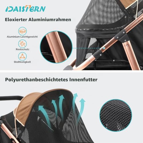 DAISTERN Hundebuggy bis 30KG, Klappbarer Aluminium-Hundewagen, Gepolsterte Liegefläche, Schwenkbares Vorderrad, Große Hinterrad, Hinterradbremsen, Verstellbarer Griff, Sicherheitsleine