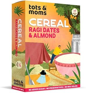 TOTS AND MOMS Calcium Rich Instant Ragi Dates & Almonds Cereal For Kids 200G|No Sugar No Milk - Preservative Free - Travel Friendly Sweetened With Dates Flavoured With Elaichi
