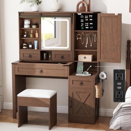 GlouMod Farmhouse Makeup Vanity Desk with Sliding Mirror and Lights,