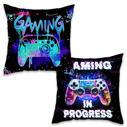 Image of Gamer Gifts for Boys, 2PCS Gaming Pillow Covers For Player,45x45cm Watercolour Graffiti Gaming Cushion Covers Gamer Decorative Accessories for Room,Throw Pillow Cases For Couch Sofa Office Bedroom (D)