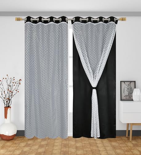 Image of IVAZA Faux Silk Hybrid Designer 100% Blackout Curtain 2-in-1 |Dual-Layer Design with Decorative Mesh Overlay & Tie Ribbon|100% Light Blocking,Thermal Insulated, Door- 7 Feet (Pack of 1) Black