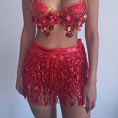 Glitter Metallic Skirt Boho Sequin Tassel Hip Scarf Multilayer Belly Dance Belt Dance Performance Fringe Cowgirl Sparkle Skirt For Women And Girls Wine Red #TOP2