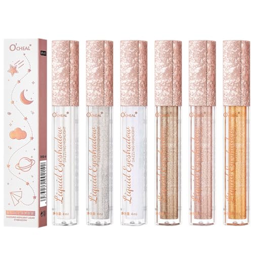 Set de Sombras de Ojos Líquidas de 6 Colores Sombras de Ojos Brillantes De Diamante de Larga Duración,Brillantes a Prueba de Agua de Larga Duració para Bodas o Maquillaje Diario 4ml