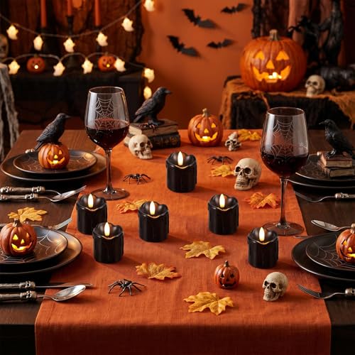 Image of Black Flameless Votive Candles Battery Operated with Remote Timer | 400 Hours Long Lasting Battery Included, LED Tealights Flickering Dripping Wax, Halloween Indoor Decor, 2 inchD x 2.5 inchH, 6 Pack