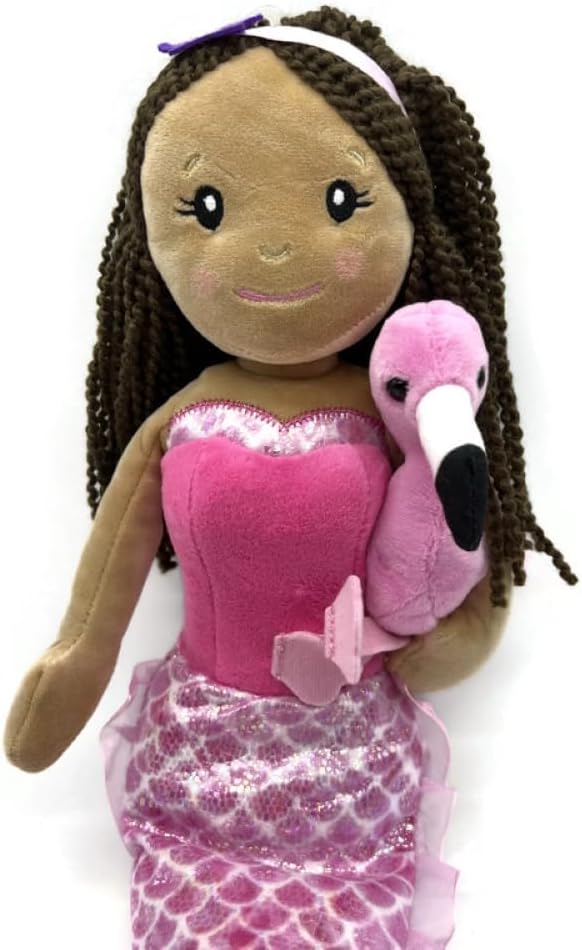 The Petting Zoo Mermaid Doll with Flamingo Stuffed Animal- Great Gifts for Girls, Mermaid Plush Doll with Flamingo Plush Toy, 17 inch (Dark Skin)