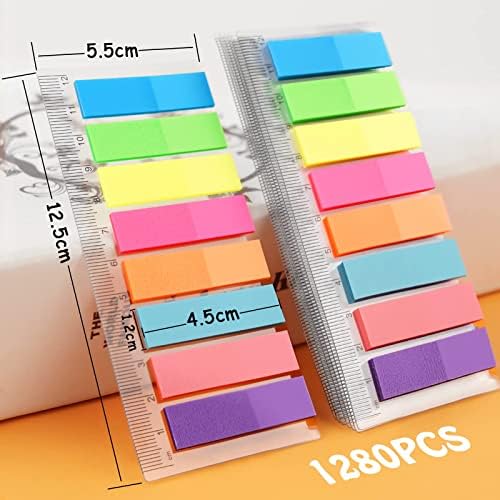 Vicloon Sticky Notes Flags Index Tabs, 1280PCS Multicolour Flag Tabs Plastic Page Markers with Transparent Ruler Mini File Tabs Index Stickers