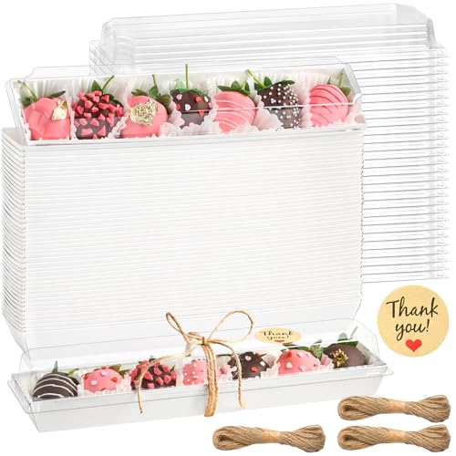 Kucoele 50 Pack Strawberry Boxes with Clear Lids, Disposable Macaron Boxes To Go Dessert Containers for Packaging Chocolate Covered Strawberries, Cookies, Cocoa Bombs, Truffles