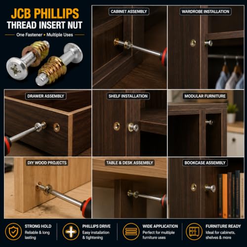Image of By VP INDUSTRIES (Combo - 10 Pcs) M6x20 JCB Philips Screw Thread Insert Nut | M6x20 JCB Philips screw with thread insert nut for furniture, wood boards, cabinets, chairs, beds and DIY projects.