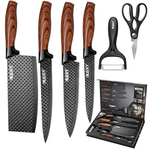Knife Set, 6 Pieces Kitchen knife Set with Healthy Anti-Rust Coating, Stainless Steel Professional Chef Knife Sets with Elegant Box, Kitchen Knives with Scissors & Peeler for Cooking, Dishwasher Safe