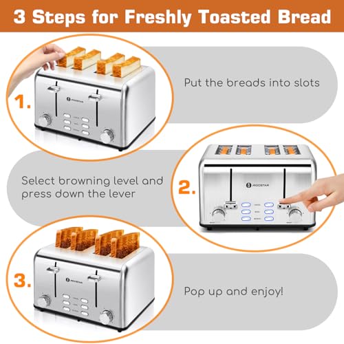 Aigostar Toaster 4 Slice 1.6" Wide Slot Stainless Steel Toasters with Bagel, Reheat, Cancel, Defrost Function, 6 Shade Settings, Removable Crumb Tray, 1550W, Best Rated Prime 4 Slice Toasters by Aigostar - Image 6
