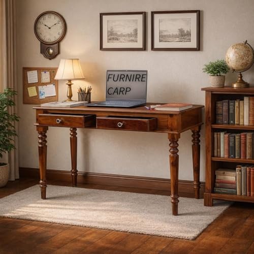 Image of Sheesham Wood Study Table with 2 Drawers Storage for Study Room Home | Solid Wood Workstation Desk Work from Home Table and Office (Do It Yourself) Honey Brown