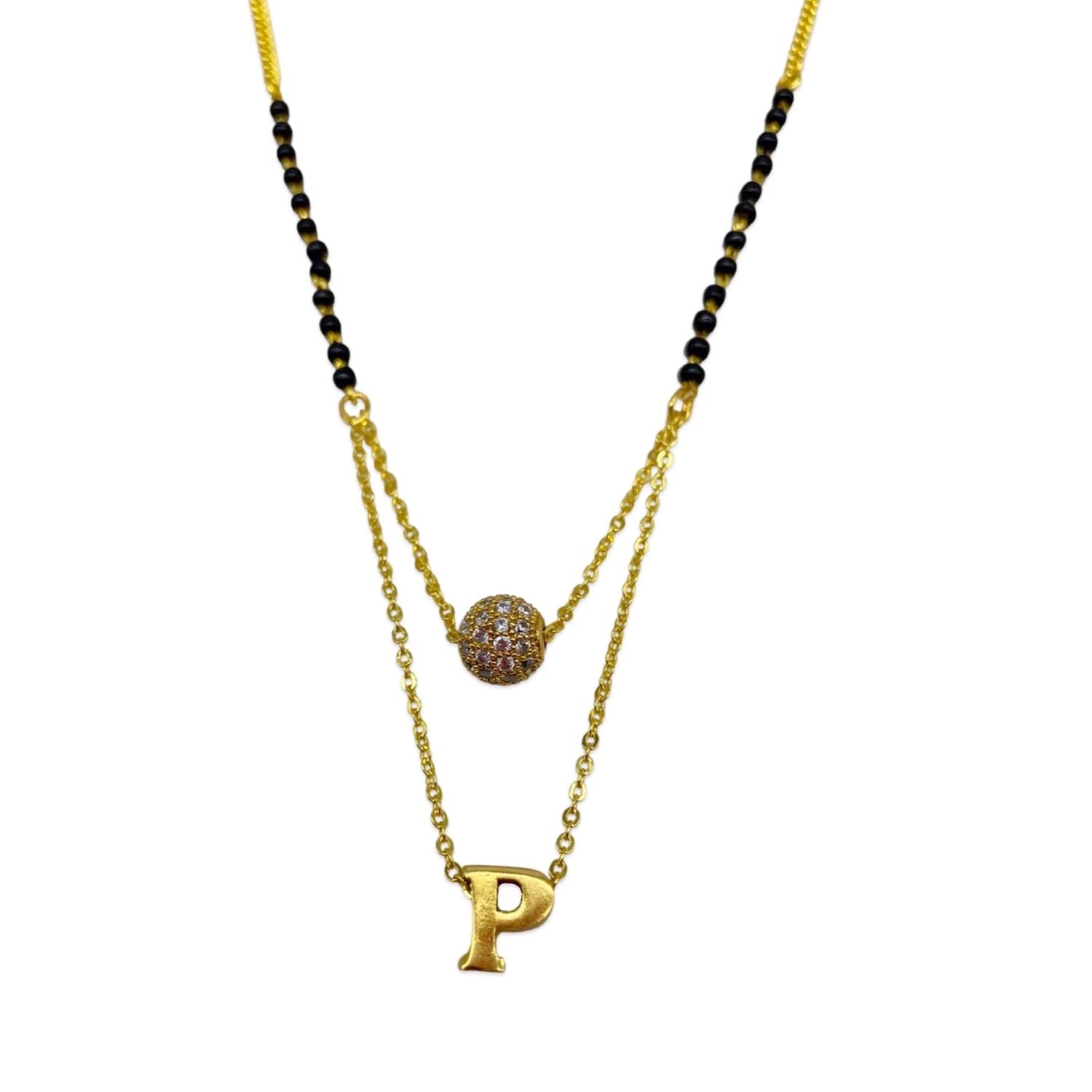 P letter mangalsutra Short Mangalsutra Designs Stylish AD Silver Ball alphabet gold name mangalsutra design/ naam wale mangalsutra/ personalised wife husband couple name mangalsutra design (20 inch)-image-37