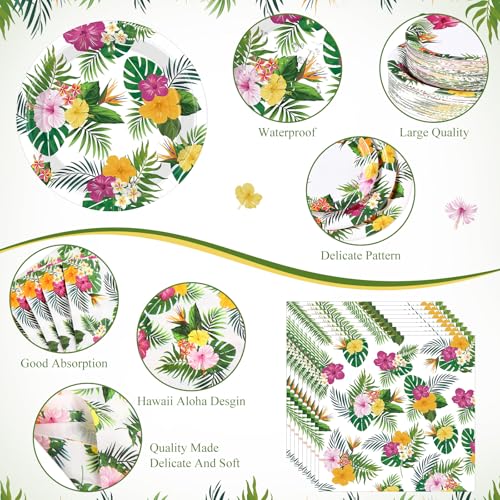 Image of Funnymoom 452 Pcs Hawaiian Luau Party Decoration for 50, Tropical Aloha Paper Plate Napkin Cup Tablecloth Cutlery Palm Leaf Hibiscus Disposable Tableware for Summer Beach Floral Birthday Party Supply