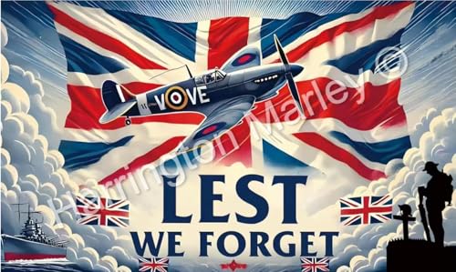 WW2 Flag Large 3 x 5ft  Lest We Forget British Remembrance Day Banner - Union Jack Spitfire Soldier VE Day & VJ Day WWII Raise England Flags Memorabilia Decorative Seasonal Wall Art
