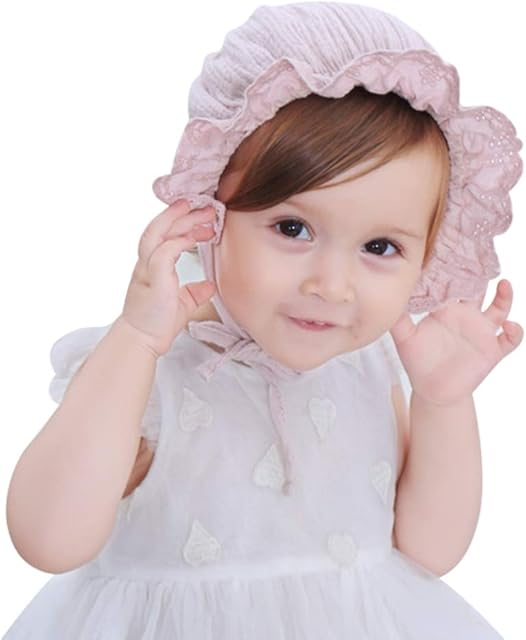 Baby Girl Bonnet Hat Cotton Floral Christening Bonnet for Newborn Infant Girls Breathable Sun Hat Summer Caps with Chin Strap Princess Style Hat for Baby Toddlers Girls 0-24 Months