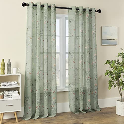 XTMYI Sage Green Floral Curtains for Spring Living Room 84 Inches Long, Light Green French Country Whimsy Bird Botanical Pattern Print Voile Curtains for Bedroom Aesthetic, 2 Panels Set by XTMYI - Used condition - Image 9