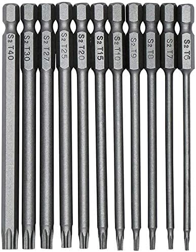 ToKinCen 11 Pieces Torx Screwdriver Bits, S2 Steel 100mm 1/4 Inch Hex Screwdriver Bits Set T6-T40 Long Magnetic Star Torx Security Screwdriver Bits Set for Electric Manual Screwdrivers