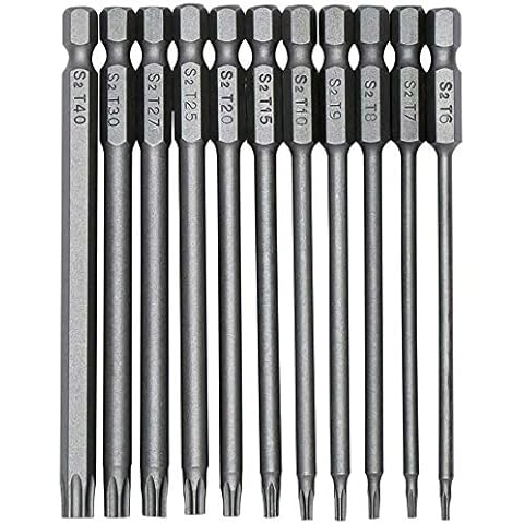 ToKinCen 11 Pieces Torx Screwdriver Bits, S2 Steel 100mm 1/4 Inch Hex Screwdriver Bits Set T6-T40 Long Magnetic Star Torx Security Screwdriver Bits Set for Electric Manual Screwdrivers Cover