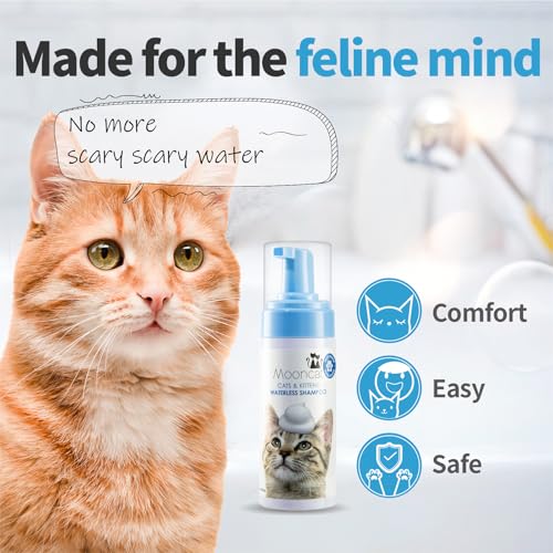Mooncat Waterless Cat Shampoo, 100% Licking Safe & Vet Approved No Rinse Dry Bath Foam - Gentle Deodorizer for Short Haired Cats, Seniors & Kittens - Soothes Sensitive Skin, Reduces Dander & Odor