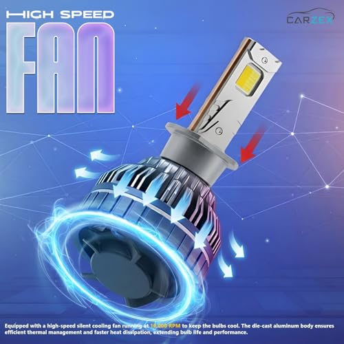 Image of CARZEX Smart AI H1 LED High Beam Headlight Bulbs for Cars, 250W (125 Watts x 2), 18,000 Lumens Super Bright Conversion Kit for Cars, 6500K Cool White, AI App Controlled | Set of 2 | 1 Year Warranty