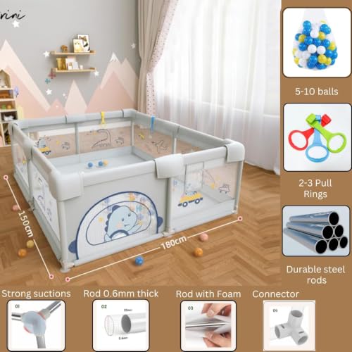 Image of MONSTECH Large Baby Playpen 150x180cm Pit Balls Playpen for Baby up to 5 Years with Anti-Fall Rings, Safety Lock, Breathable Mesh, Kids Activity Center Play Pen (Large-GreyPrint)