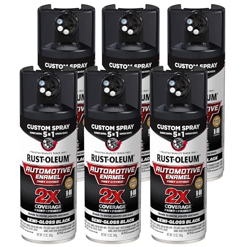 Image of Rust-Oleum 2X Automotive Enamel 5-in-1 Spray Paint, Semi-Gloss Black | Fast Dry, Adjustable Custom Spray Dial, Multi Surface (Metal, Wood, Plastic and More), Any Angle, Ultimate Coverage, 6 Pack