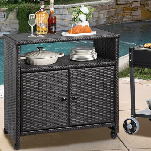 Googic Outdoor Wicker Storage Cabinet - Patio Bar Table With Wheel,Outdoor Buffet Cabinet Movable,Garden Weather-Proof Bar Table/Cart For Indoor&Outdoor thumb #8