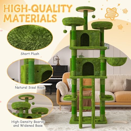 Image of Large Cat Tree, XL Multi-Level Cat Tower for Small & Large Cats with 2 Condos, 3 Perches & Hanging Hammock, Soft Plush Natural Sisal Scratching Posts, Stable for Multi-cat Families (Green)