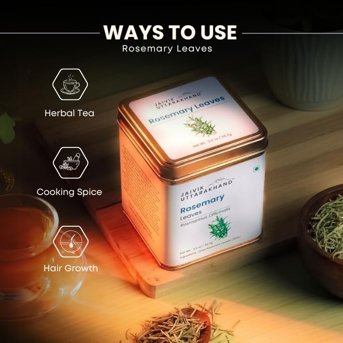 Image of Jaivik Uttarakhand Rosemary Dry Leaves Tea (113.4 g), Hair Growth, Gluten GMO Caffeine Free, Salvia Rosmarinus, Pack of 2 Tin Box