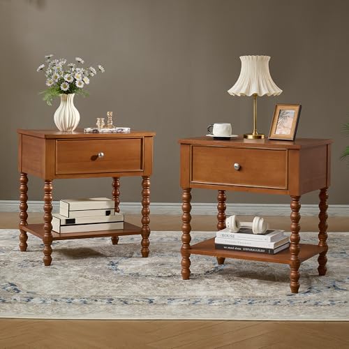 AMERLIFE 3-Piece Bedroom Set, Including Solid Wood Queen Bed Frame with 55\" Arched Headboard, Nightstand Set of 2 with Spindle-Turned Legs, Traditional Wooden Bedroom Furniture Set, Brown
