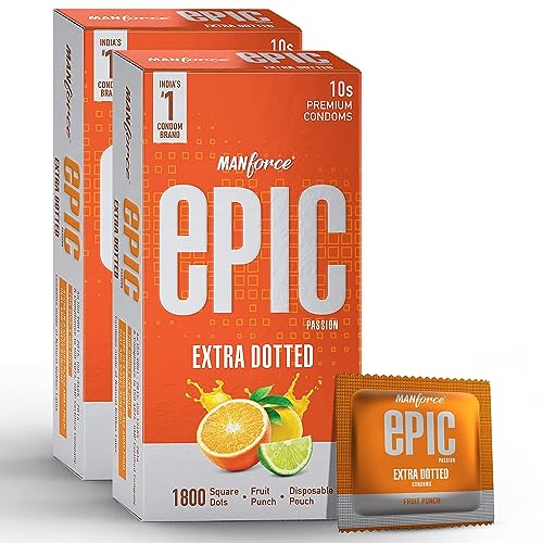 Image of Manforce Epic Passion Fruit Punch Flavoured Condoms for Men - 10 Count (Pack of 2)| 1800 Square Dots| Vegan| No Harsh Chemicals| With Disposable Pouch