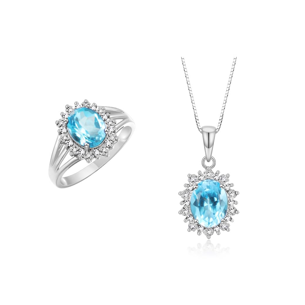 Rylos Women's Sterling Silver Princess Diana Ring &amp; Pendant Set. Gemstone &amp; Diamonds, 9X7MM Birthstone. Matching Friendship Jewelry, Sizes 5-10.
