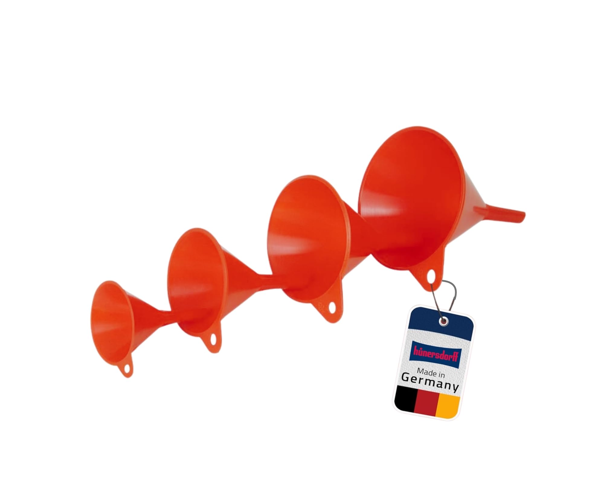 hünersdorff Trichter-Set 4-teilig, Rot | Robuste Einfülltrichter aus bruchsicherem HD-PE mit Entlüftungsrippen & Aufhängeöse – Chemikalienbeständig für Küche, Bad & DIY