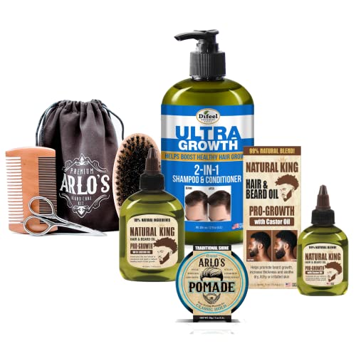 Natural King & Difeel Hair & Beard Castor Hair & Beard Care Collection 8-Pc Deluxe Mens Hair & Beard Growth Grooming Set - Includes 12 Oz Shampoo, 7.1 And 2.5 Oz Castor Hair & Beard Oils, 3Oz Pomade & Arlo's Beard Grooming Kit #TOP18