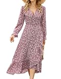 Clearlove Damen Wickelkleid Boho Kleid Langarm Maxikleider Polka Dot Strandkleid V-Ausschnitt Blumenkleid Rüschen Lange Sommerkleider mit Gürtel (Verpackung MEHRWEG), A-Blumen-Weinrot, XL